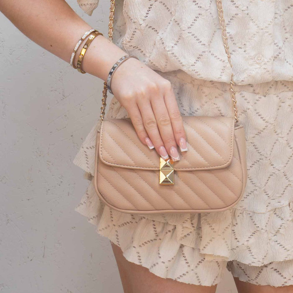 Quilted Patterned PU Leather Cross-Body Beige Bag