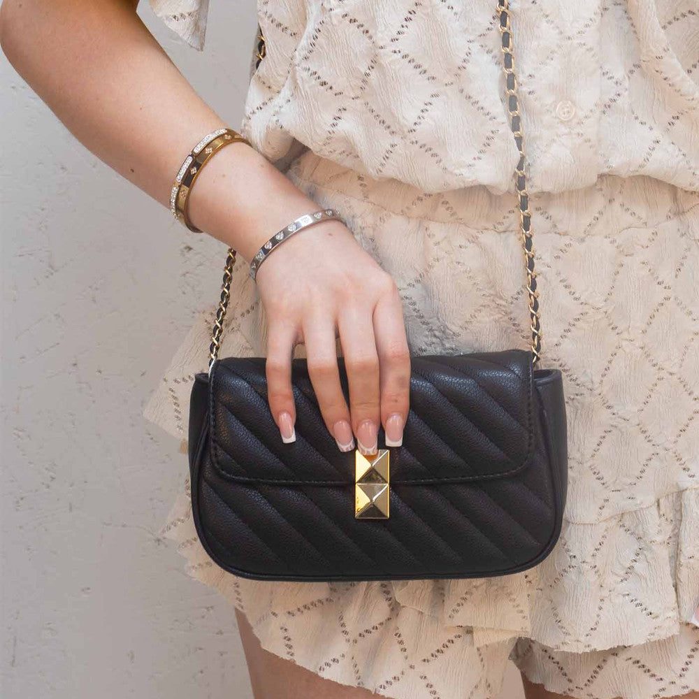 Quilted Patterned PU Leather Cross-Body Black Bag