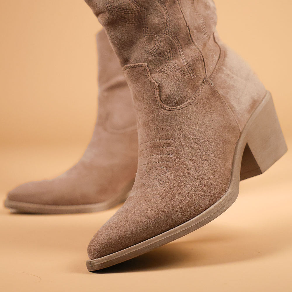 Khaki Embroidered Suede Cowboy Ankle Boots