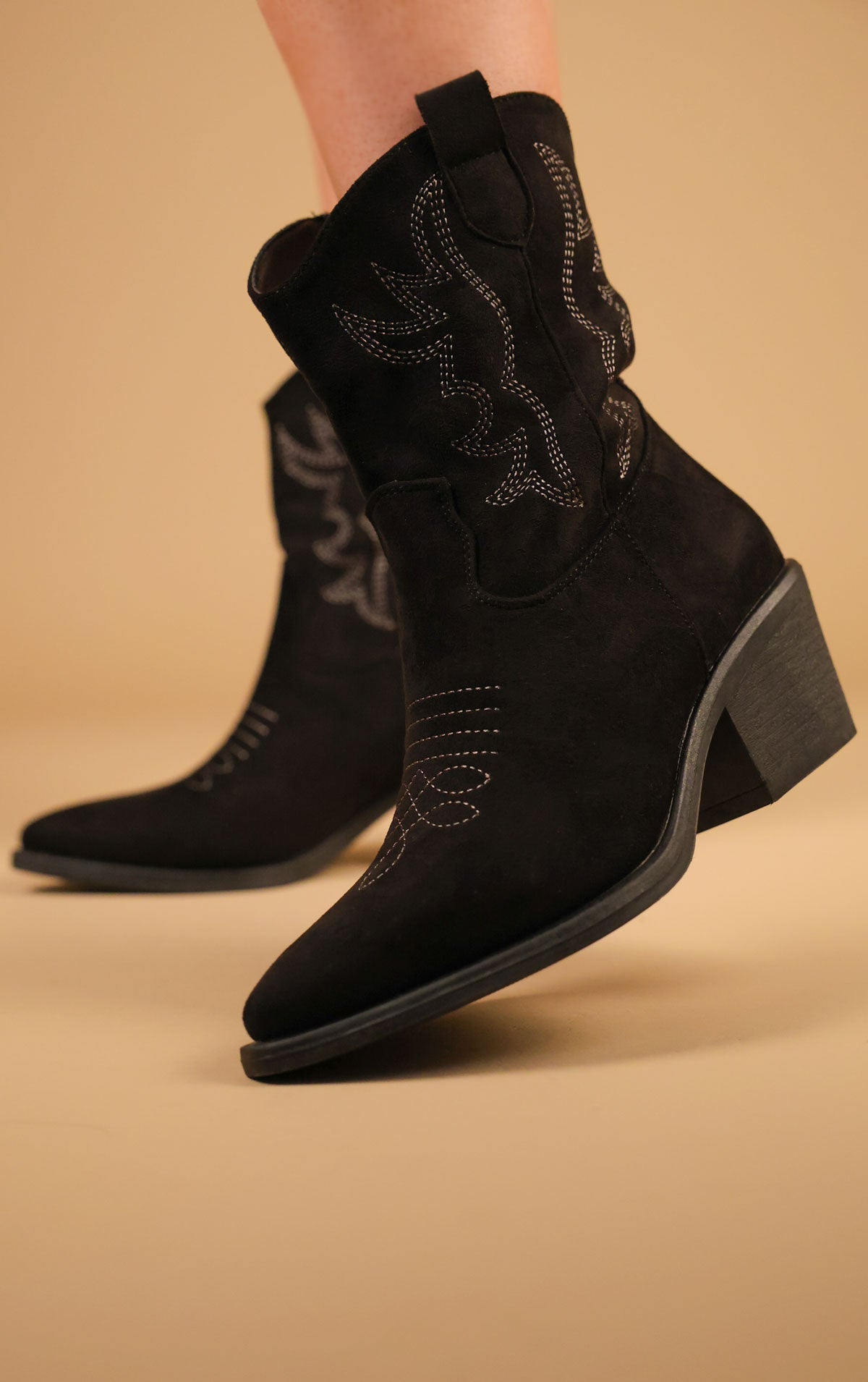 Black Embroidered Suede Cowboy Ankle Boots