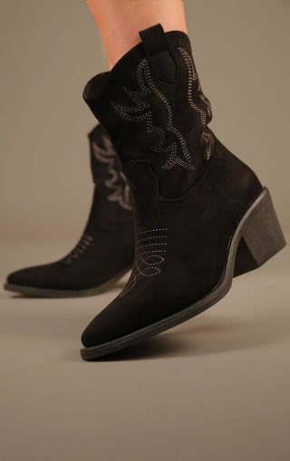 Black Embroidered Suede Cowboy Ankle Boots