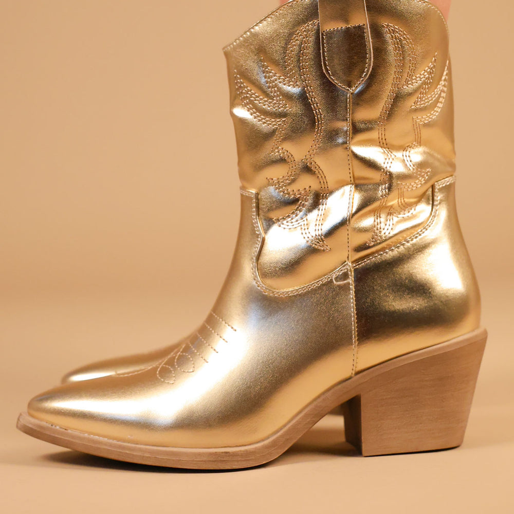 Gold Embroidered PU Cowboy Ankle Boots