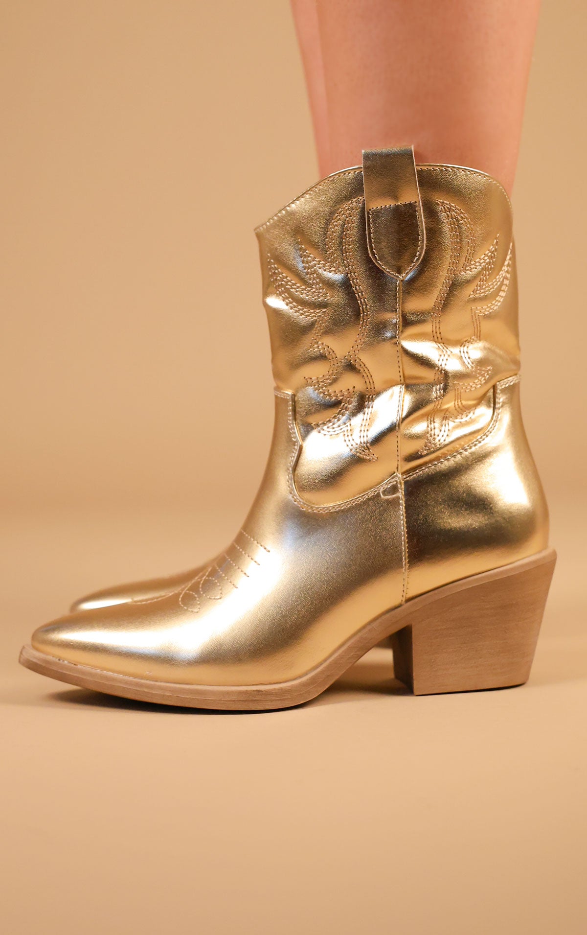 Gold Embroidered PU Cowboy Ankle Boots