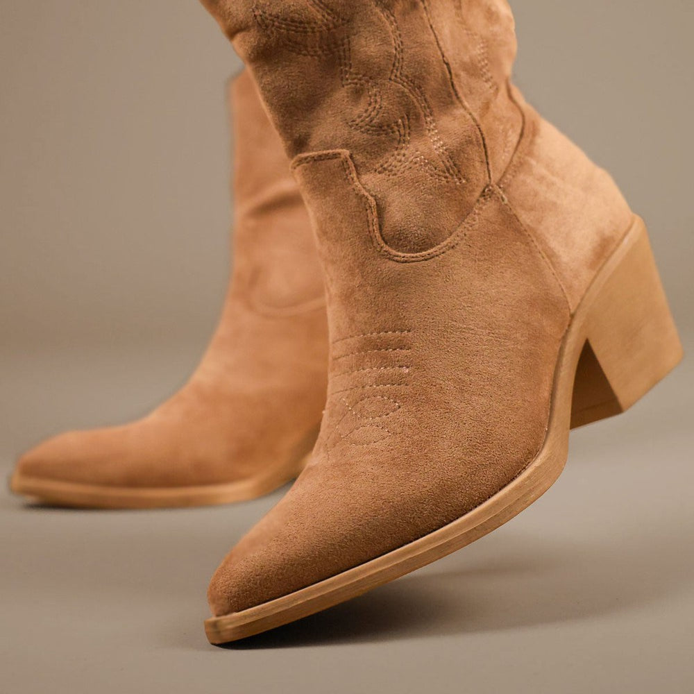 Khaki Embroidered Suede Cowboy Ankle Boots