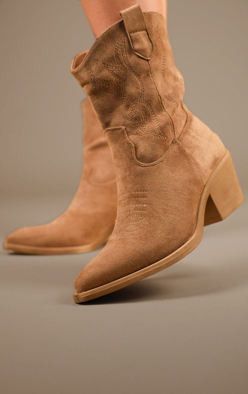 Khaki Embroidered Suede Cowboy Ankle Boots