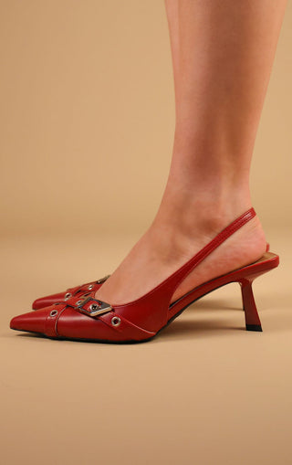 Red Double Strap Design Slingback Kitten Heel Court Shoe