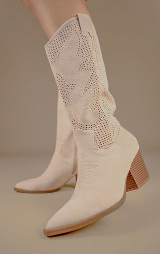 Beige Mesh Pattern Detail Mid Calf Faux Suede Cowboy Boots