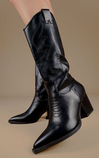 Black Mesh Pattern Detail Mid Calf Faux Leather Cowboy Boots