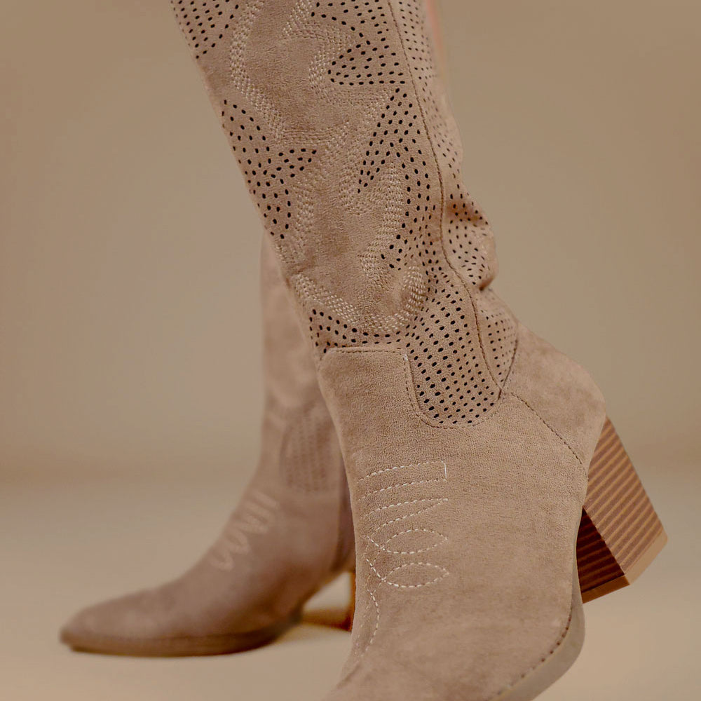 Khaki Mesh Pattern Detail Mid Calf Faux Suede Cowboy Boots