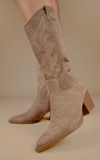 Khaki Mesh Pattern Detail Mid Calf Faux Suede Cowboy Boots