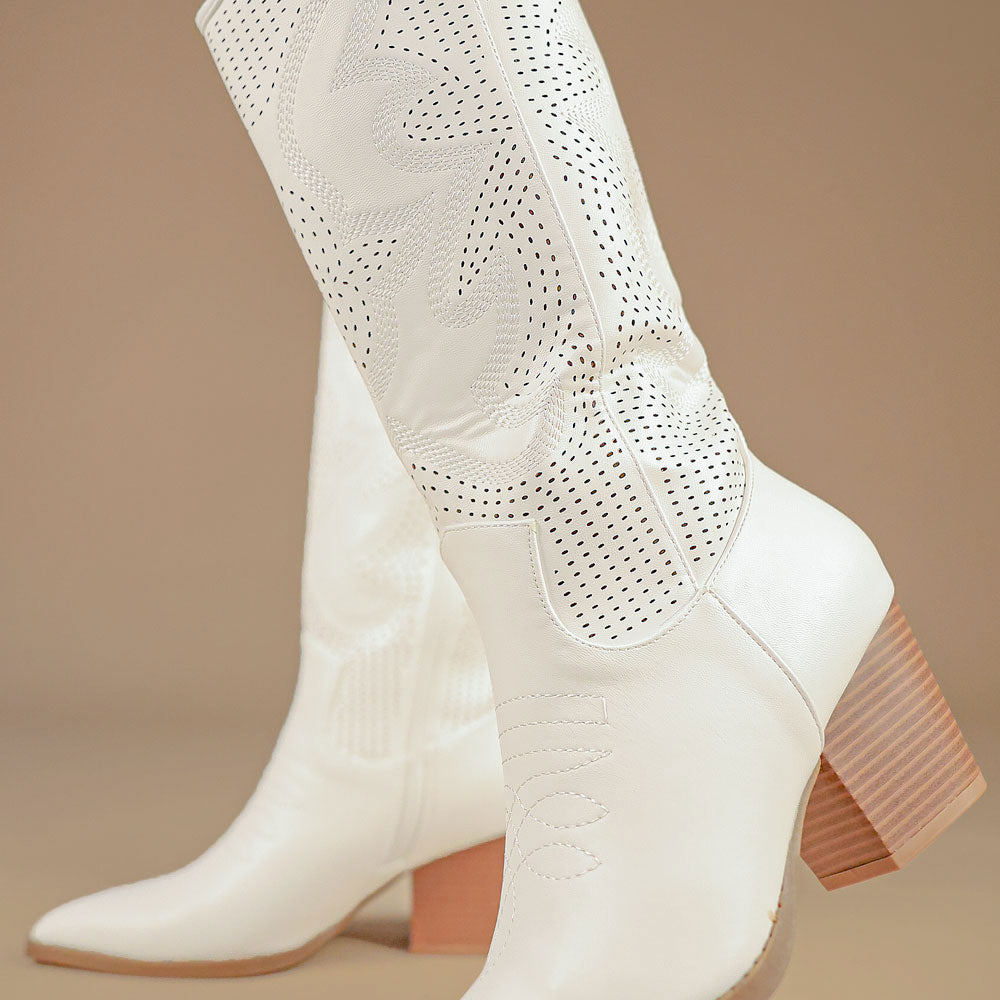 White Mesh Pattern Detail Mid Calf Faux Leather Cowboy Boots