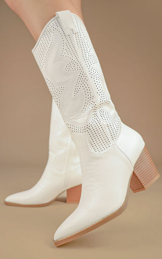 White Mesh Pattern Detail Mid Calf Faux Leather Cowboy Boots