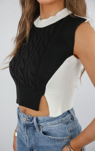 Black Two Toned Sleeveless Cable Knit Top