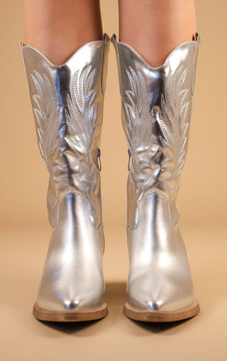 Silver Calf Length Western PU Cowboy Boots