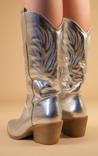 Silver Calf Length Western PU Cowboy Boots