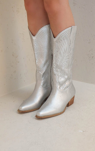 Silver Mesh Embroidered Detail Mid Calf Faux Suede Cowboy Boots