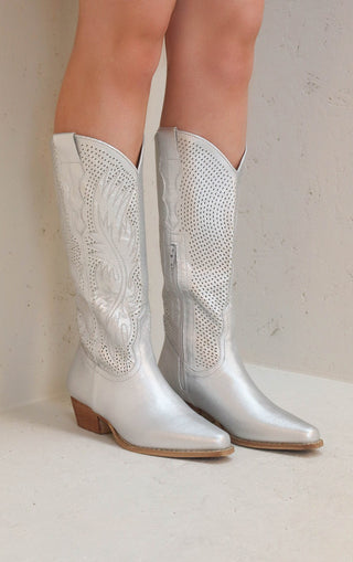 Silver Mesh Embroidered Detail Mid Calf Faux Suede Cowboy Boots