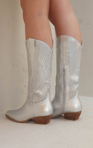 Silver Mesh Embroidered Detail Mid Calf Faux Suede Cowboy Boots