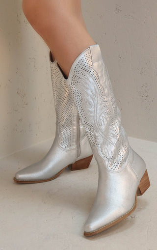 Silver Mesh Embroidered Detail Mid Calf Faux Suede Cowboy Boots