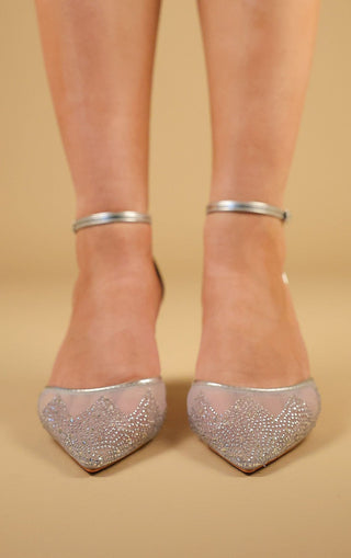 Silver Mesh and Diamante Mid Heel Court Shoe