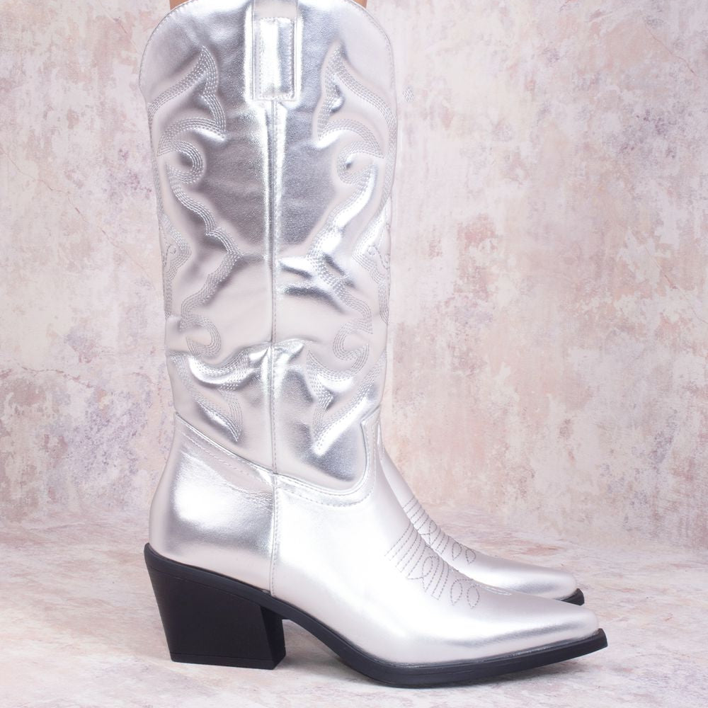 
                      
                        Silver Metallic Calf Length PU Cowboy Boot
                      
                    