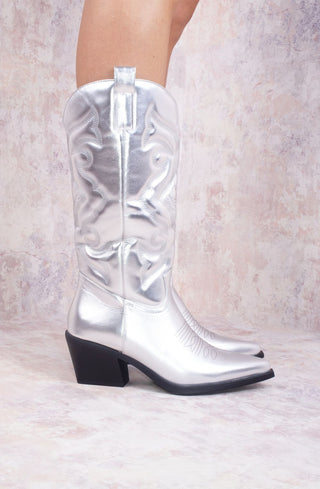 Silver Metallic Calf Length PU Cowboy Boot