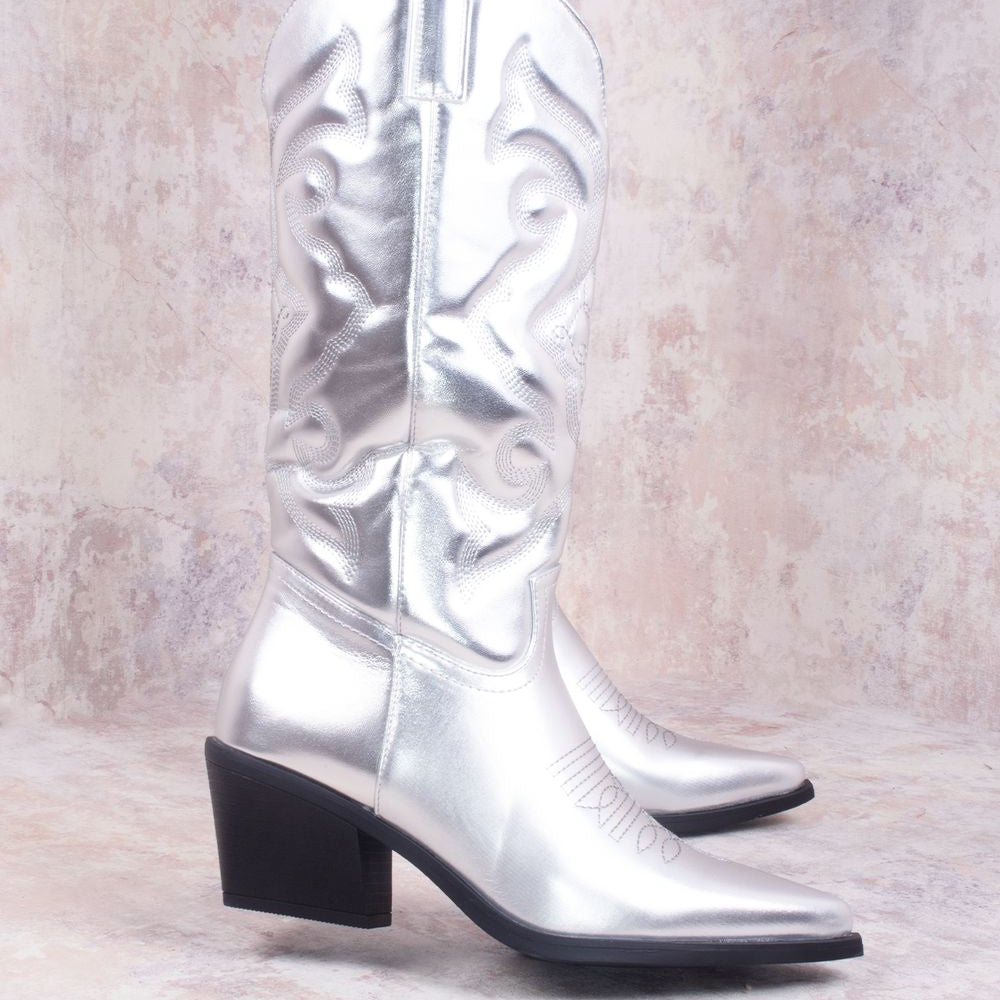 
                      
                        Silver Metallic Calf Length PU Cowboy Boot
                      
                    