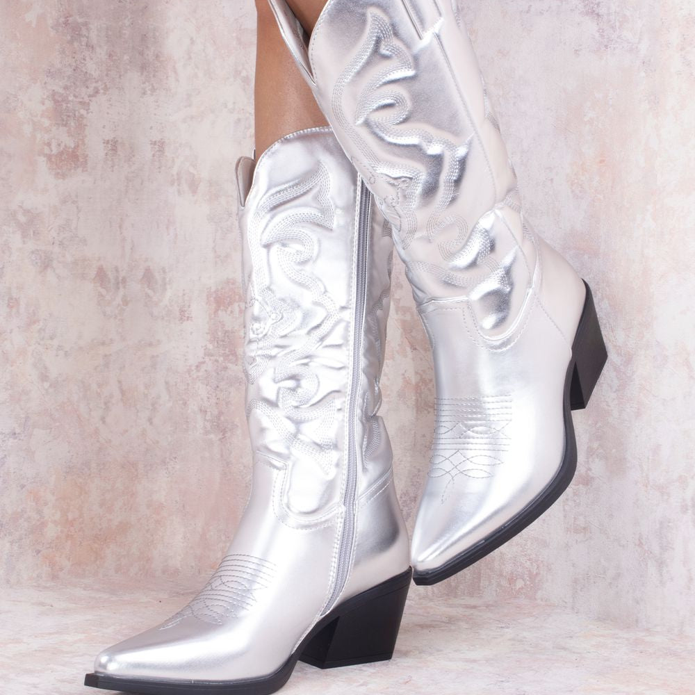 Silver Metallic Calf Length PU Cowboy Boot