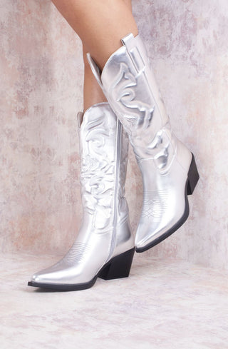 Silver Metallic Calf Length PU Cowboy Boot