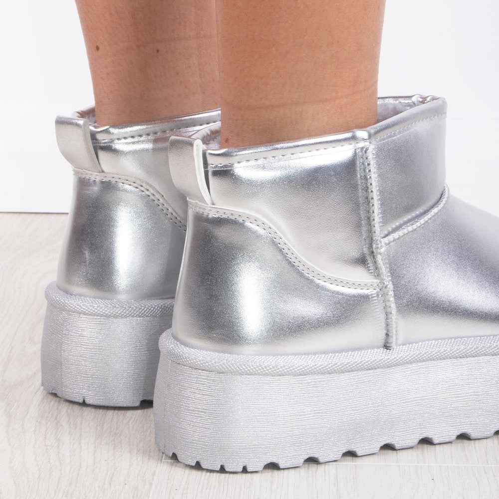 
                      
                        Silver Metallic Faux Leather Ultra Mini Ankle Ribbed Sole Platform Boots
                      
                    