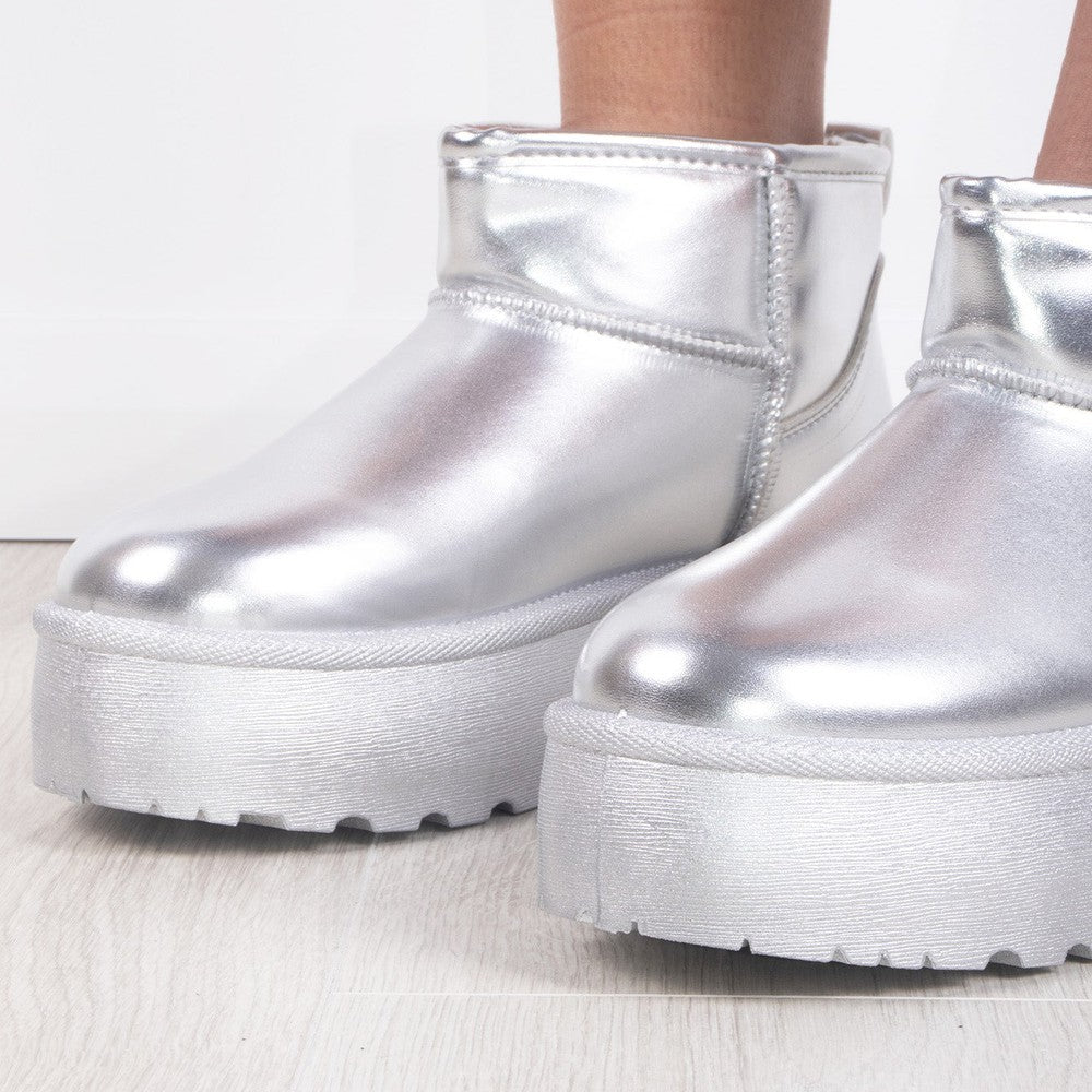 
                      
                        Silver Metallic Faux Leather Ultra Mini Ankle Ribbed Sole Platform Boots
                      
                    