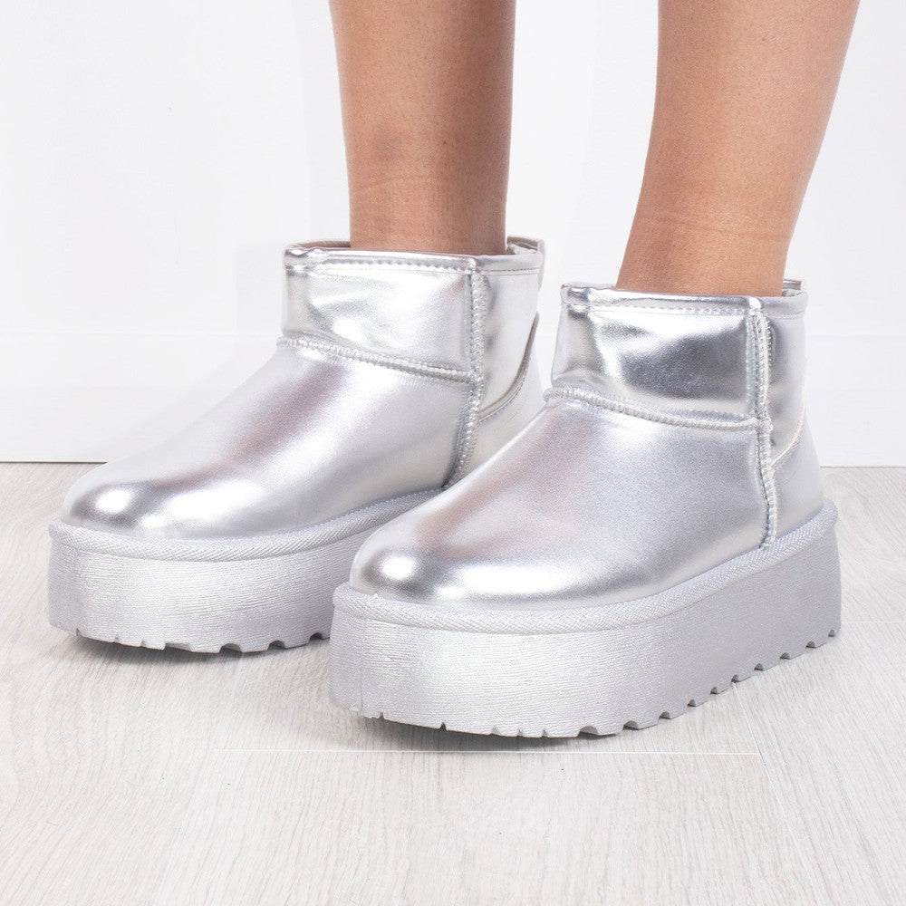 Silver Metallic Faux Leather Ultra Mini Ankle Ribbed Sole Platform Boots