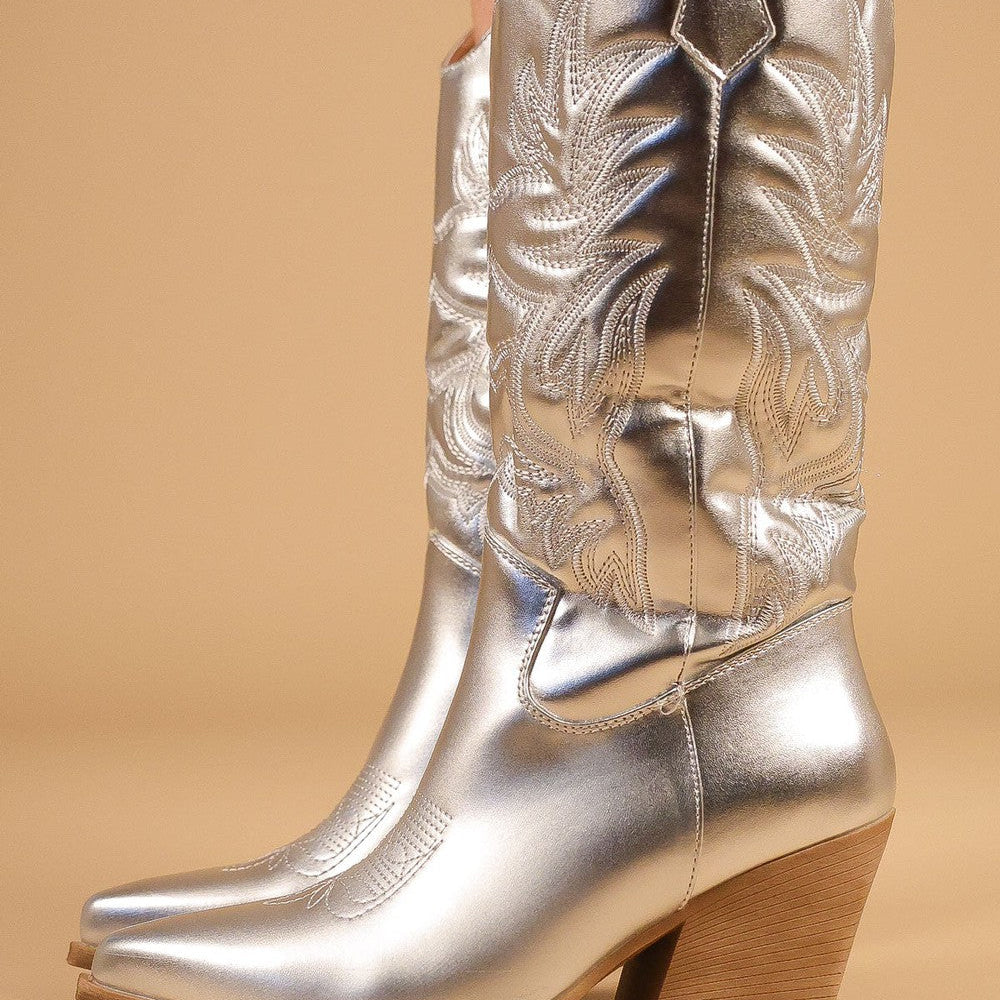 
                      
                        Silver Metallic Mid Length PU Western Cowboy Boot
                      
                    