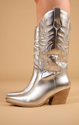 Silver Metallic Mid Length PU Western Cowboy Boot