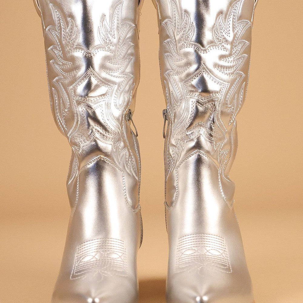 
                      
                        Silver Metallic Mid Length PU Western Cowboy Boot
                      
                    