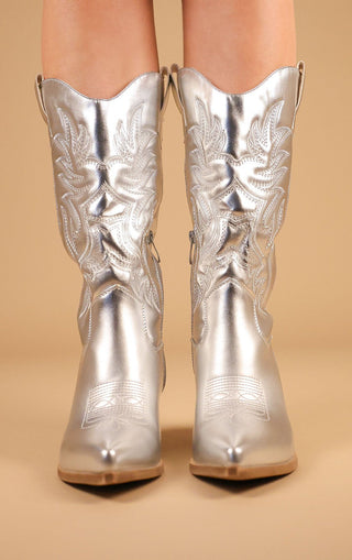 Silver Metallic Mid Length PU Western Cowboy Boot