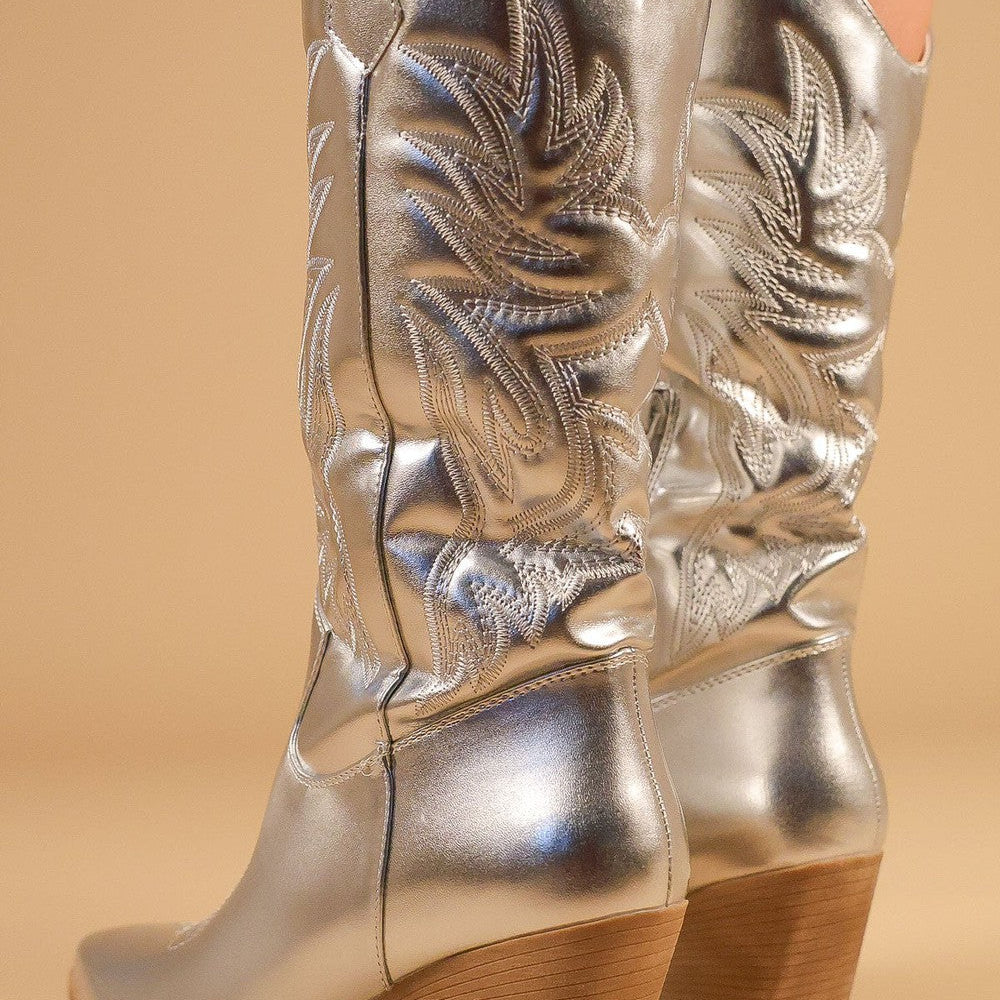 
                      
                        Silver Metallic Mid Length PU Western Cowboy Boot
                      
                    