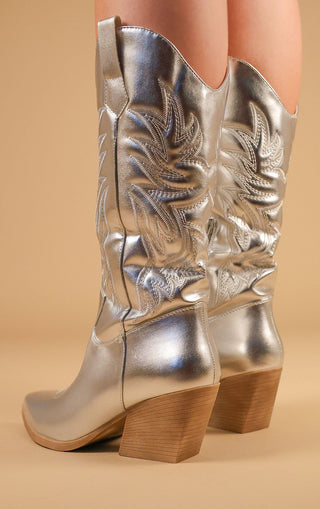 Silver Metallic Mid Length PU Western Cowboy Boot