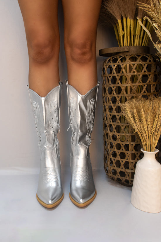 Silver Calf Length Classic Western Cut Out Cowboy Boot