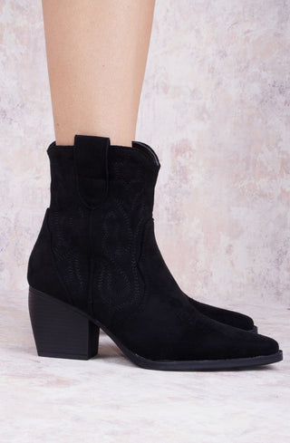 Star Black Suede Cowboy Ankle Length Boots