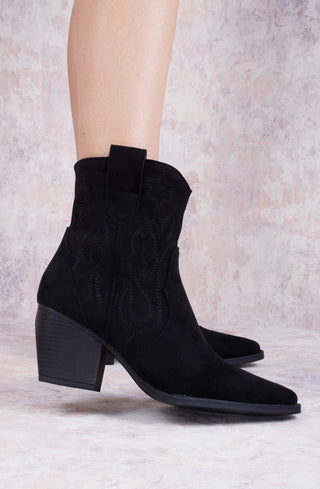 Star Black Suede Cowboy Ankle Length Boots