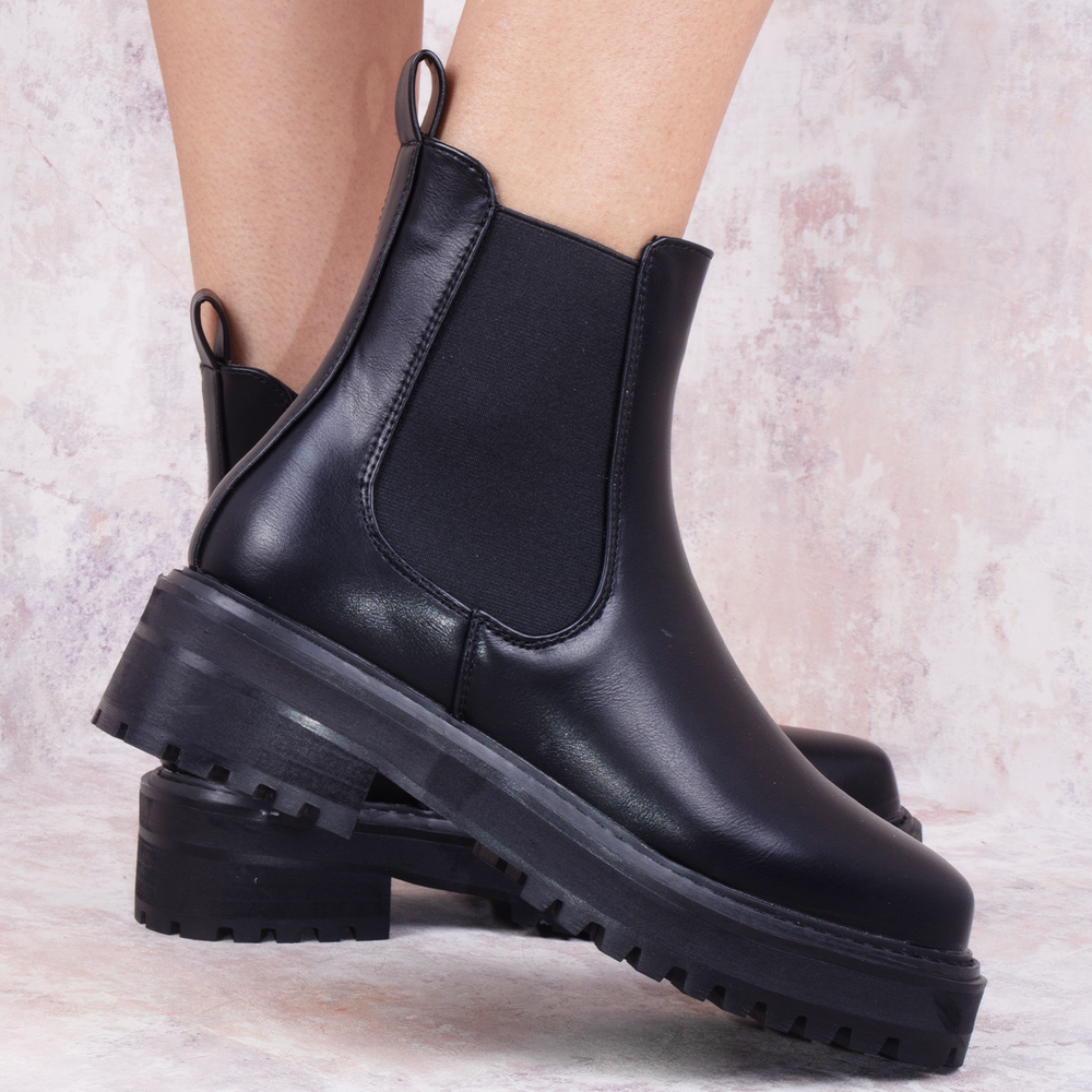 Take a Walk Black Elasticated Ankle Detail Chunky Sole Chelsea Boots