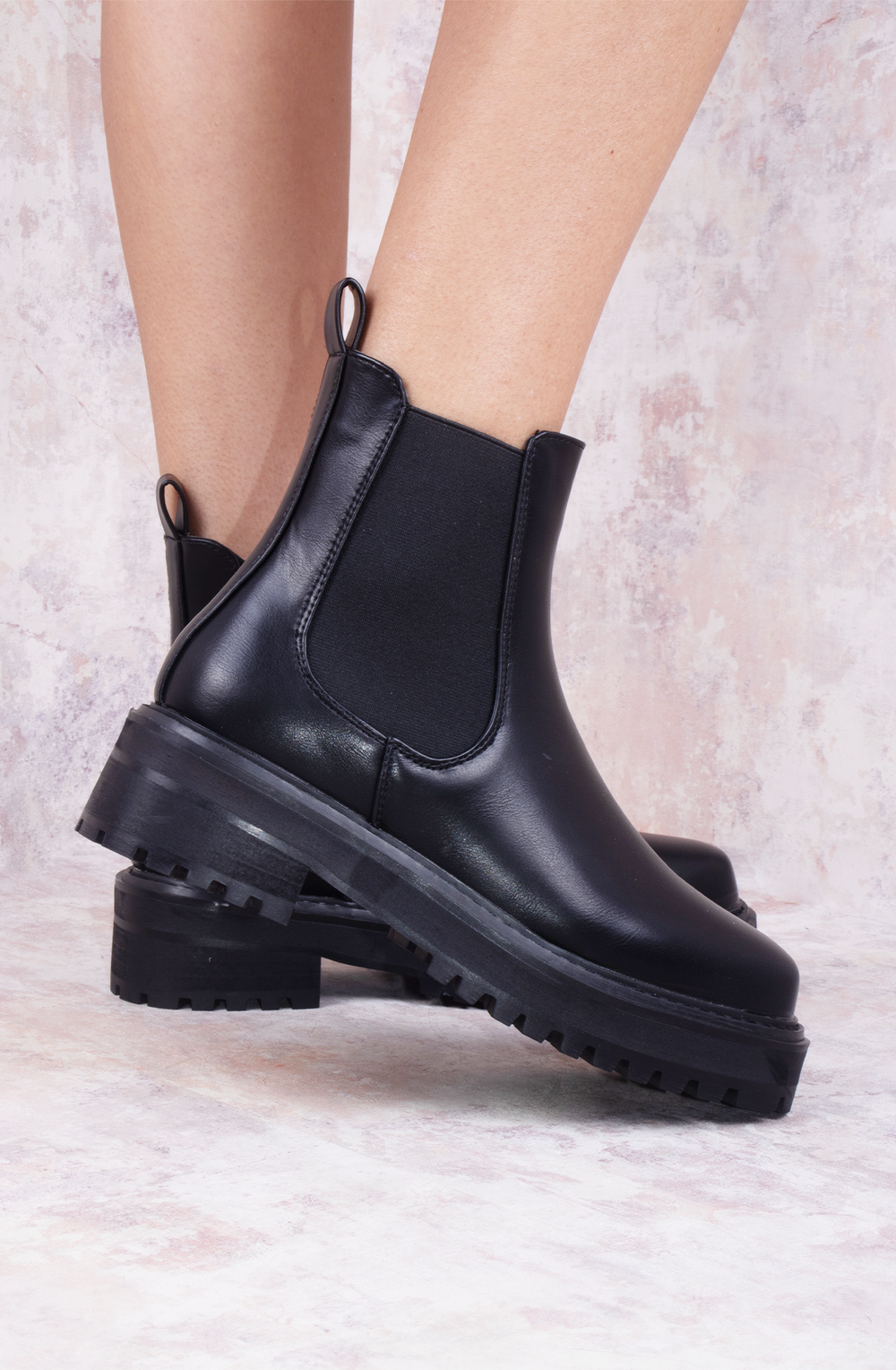 Take a Walk Black Elasticated Ankle Detail Chunky Sole Chelsea Boots