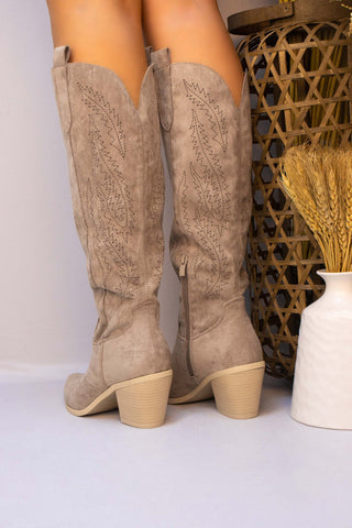 Taupe Almond Toe Mid Calf Embroidered Cowboy Boot