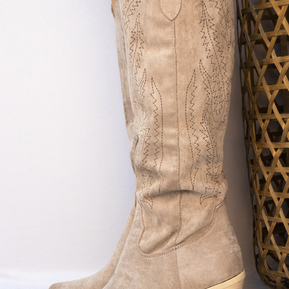 Taupe Almond Toe Mid Calf Embroidered Cowboy Boot