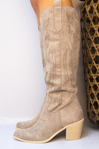 Taupe Almond Toe Mid Calf Embroidered Cowboy Boot