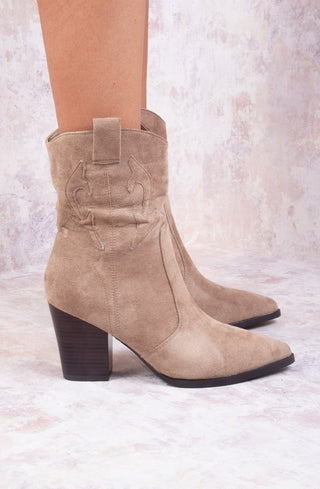 Taupe Classic Faux Suede Cowboy Heeled Boot