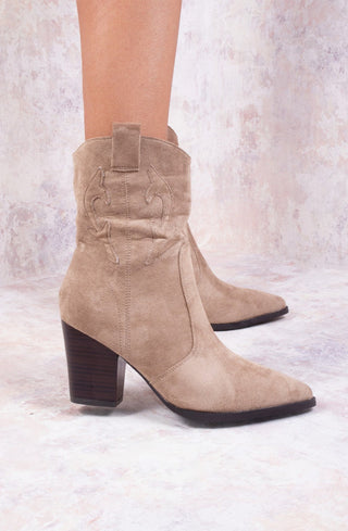 Taupe Classic Faux Suede Cowboy Heeled Boot