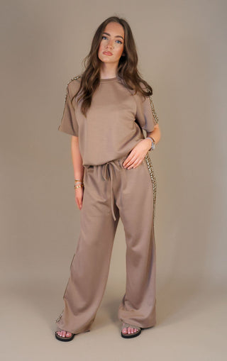 Taupe Contrast Leopard Striped Straight Leg Jogger and Tshirt Co-ord