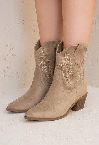 Taupe Embroidered Ankle Cowboy Boots